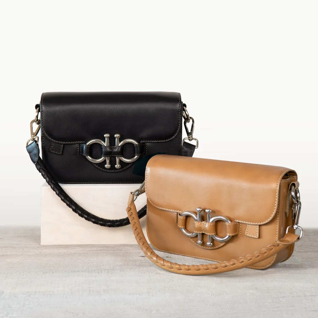 Lana - Horse Bit Crossbody Bag in Black Italian Leather with Nickel Hardware Equestrian Handbag
