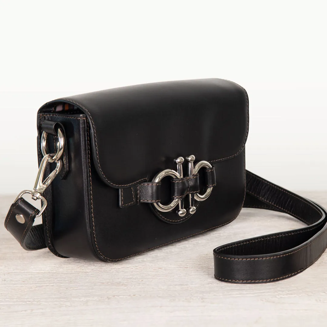 Lana - Horse Bit Crossbody Bag in Black Italian Leather with Nickel Hardware Equestrian Handbag