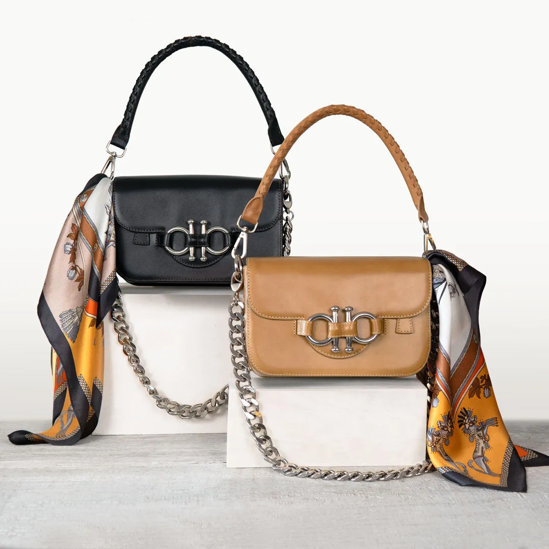 Lana - Horse Bit Crossbody Bag in Black Italian Leather with Nickel Hardware Equestrian Handbag