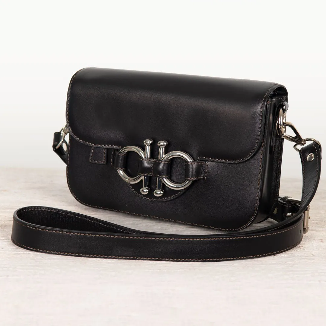 Lana - Horse Bit Crossbody Bag in Black Italian Leather with Nickel Hardware Equestrian Handbag