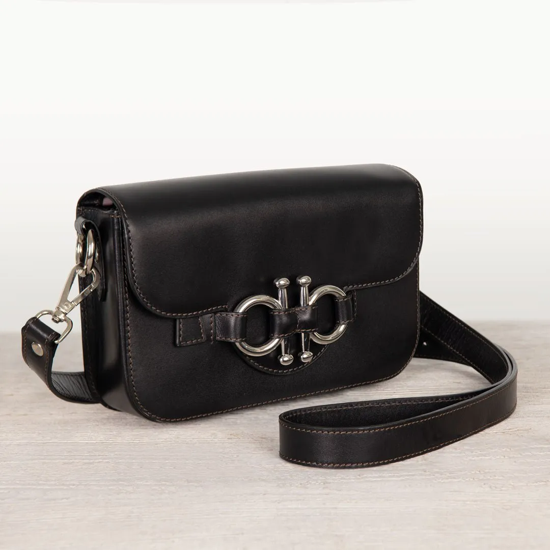 Lana - Horse Bit Crossbody Bag in Black Italian Leather with Nickel Hardware Equestrian Handbag
