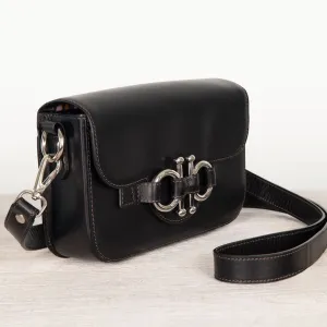 Lana - Horse Bit Crossbody Bag in Black Italian Leather with Nickel Hardware Equestrian Handbag