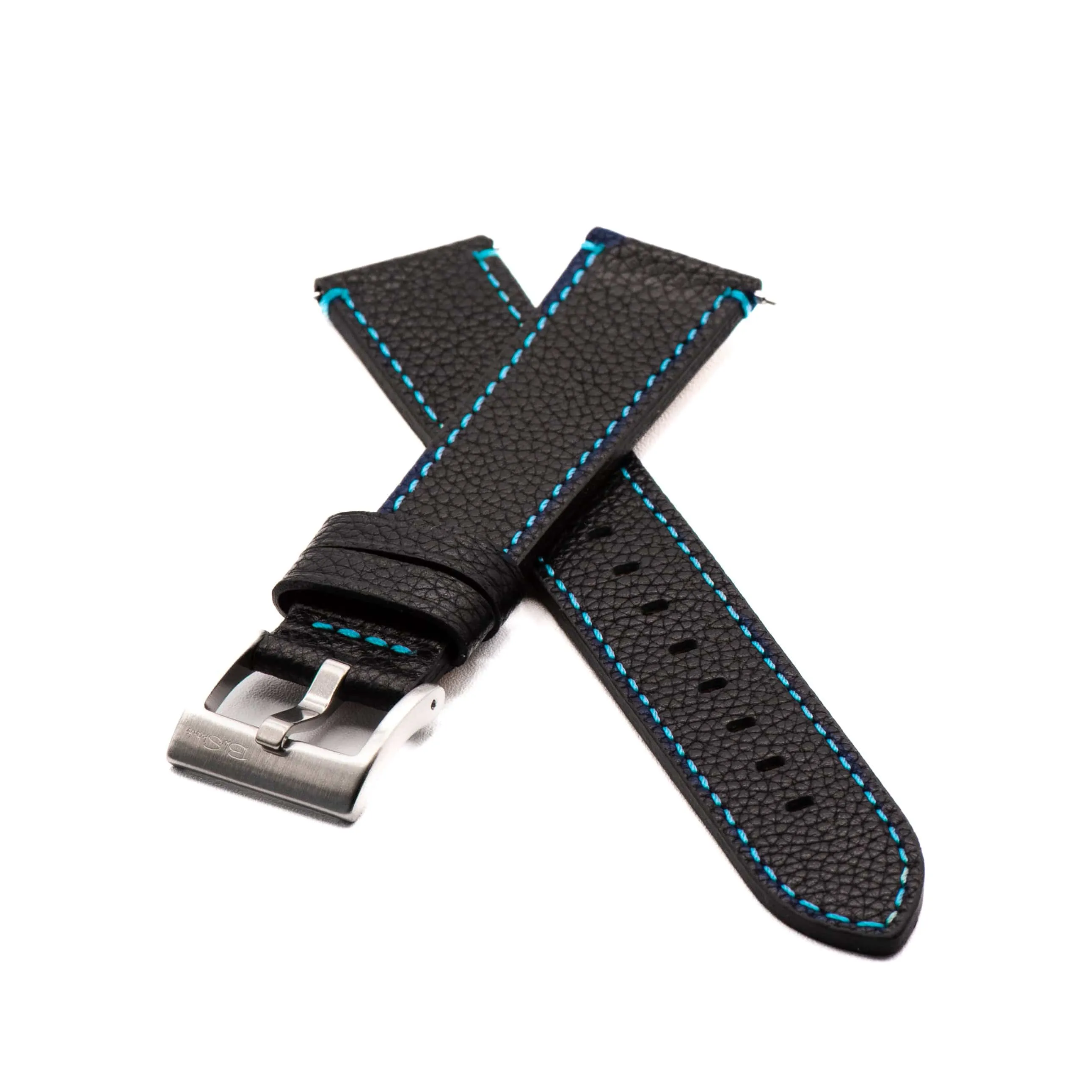 Leather - Contrast Stitch Black with Bright Blue