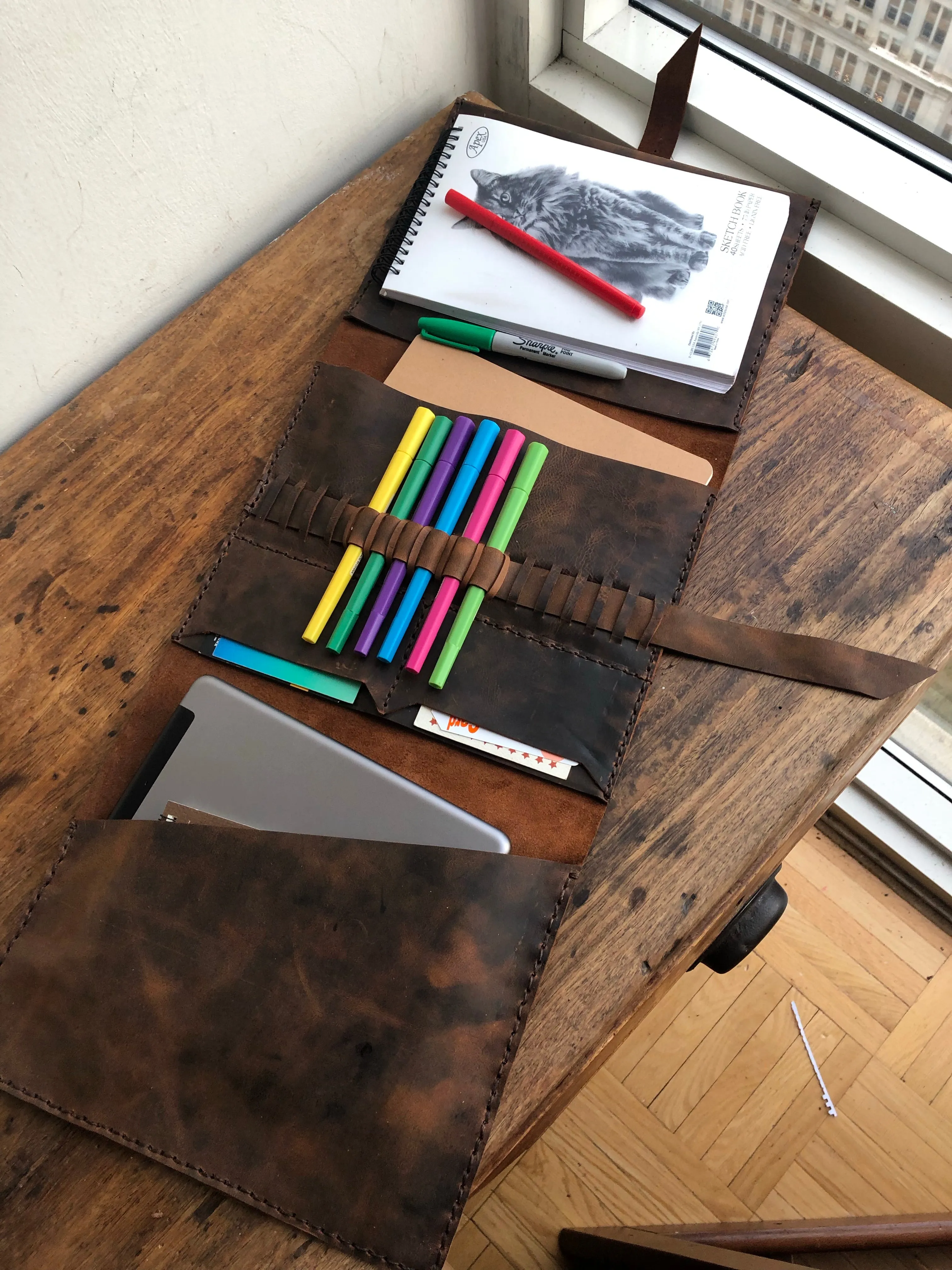 Leather Padfolio, Leather Sketchbook Holder and Pencil Case