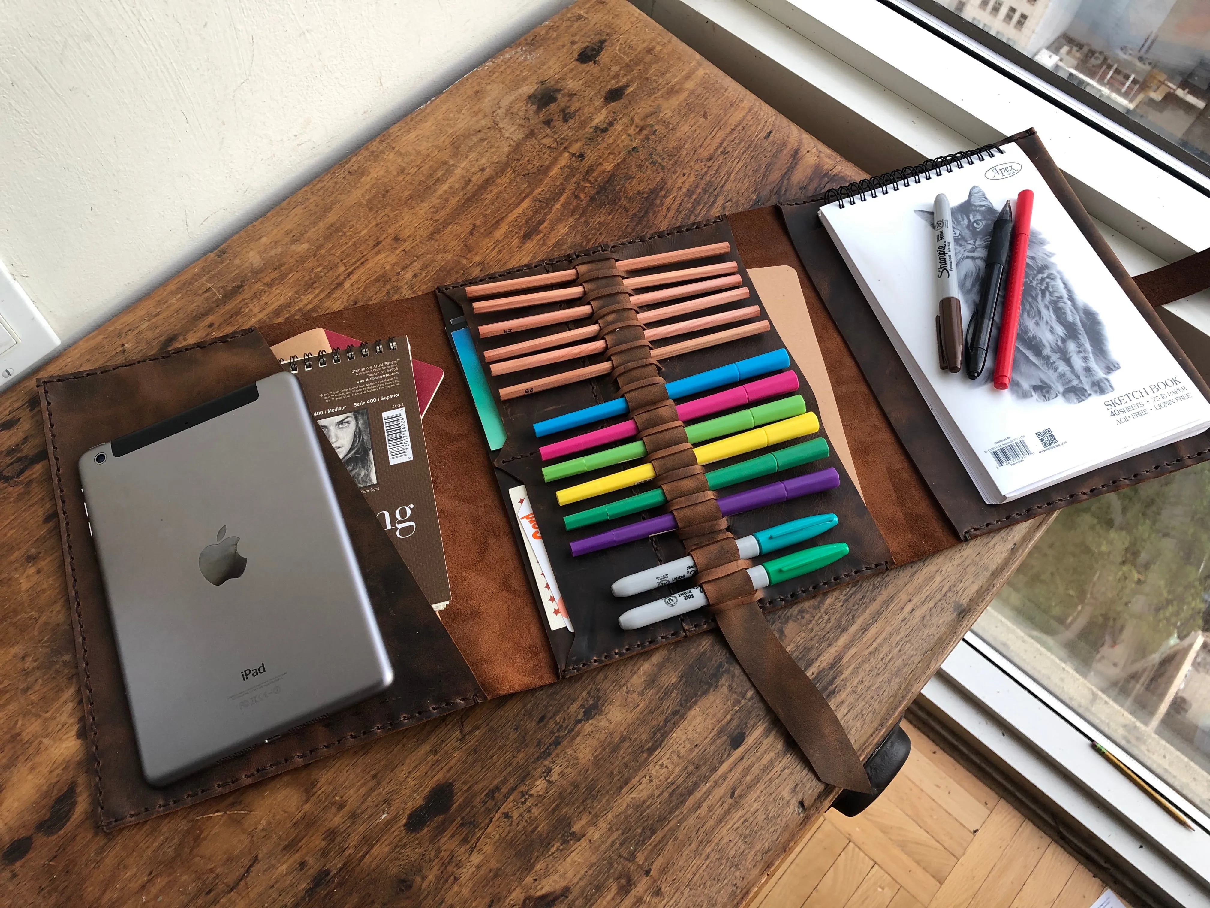 Leather Padfolio, Leather Sketchbook Holder and Pencil Case