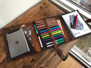 Leather Padfolio, Leather Sketchbook Holder and Pencil Case