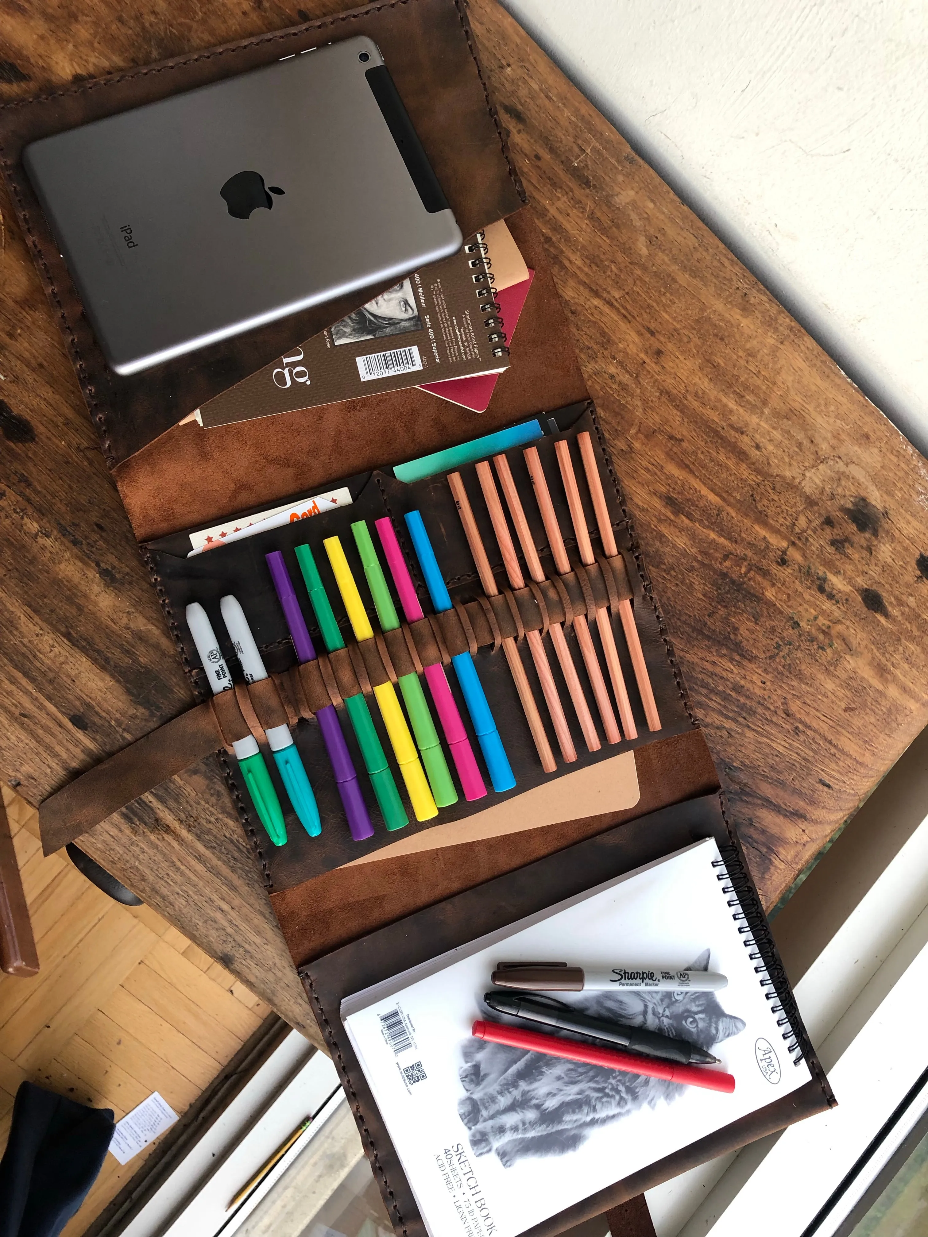 Leather Padfolio, Leather Sketchbook Holder and Pencil Case