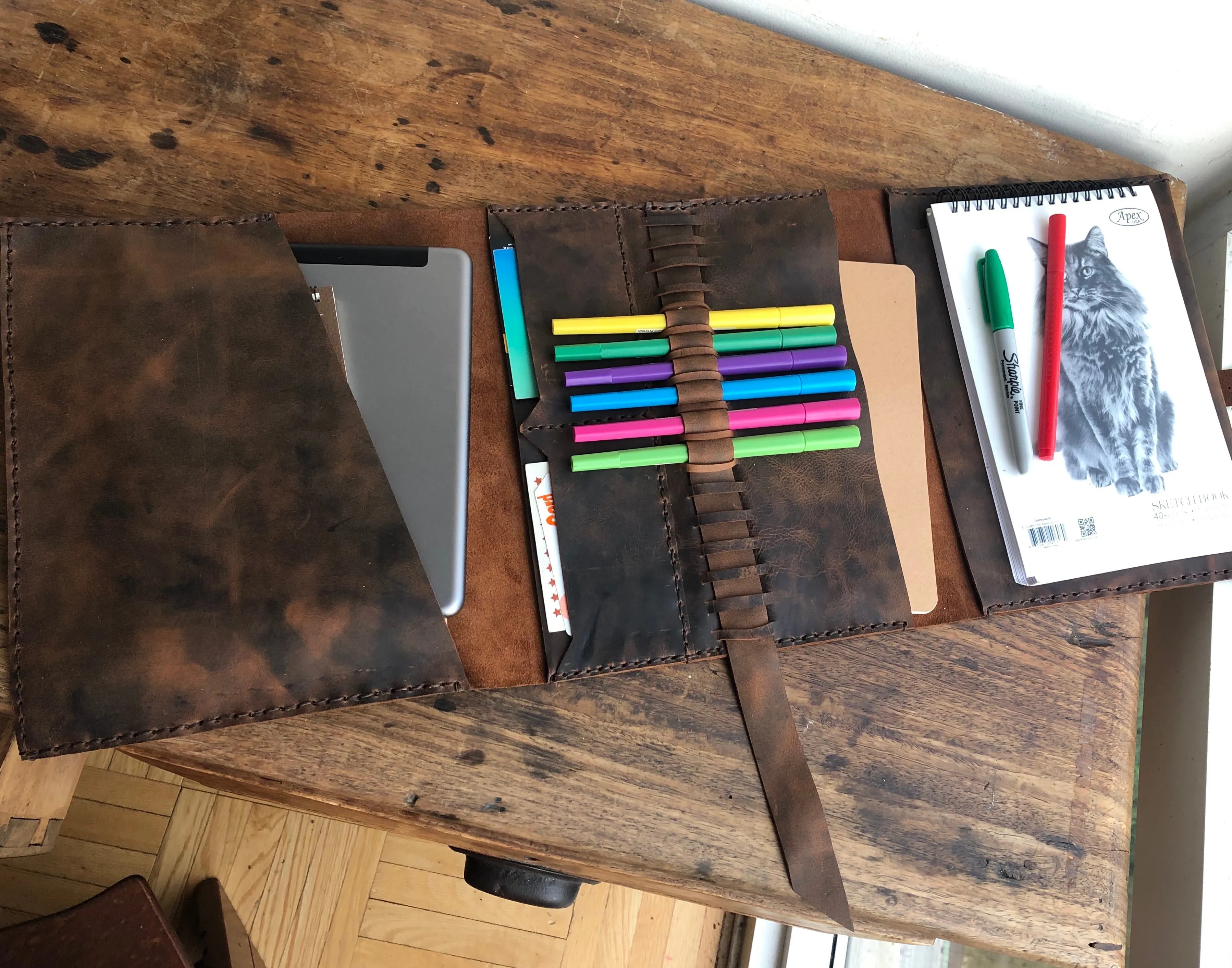 Leather Padfolio, Leather Sketchbook Holder and Pencil Case