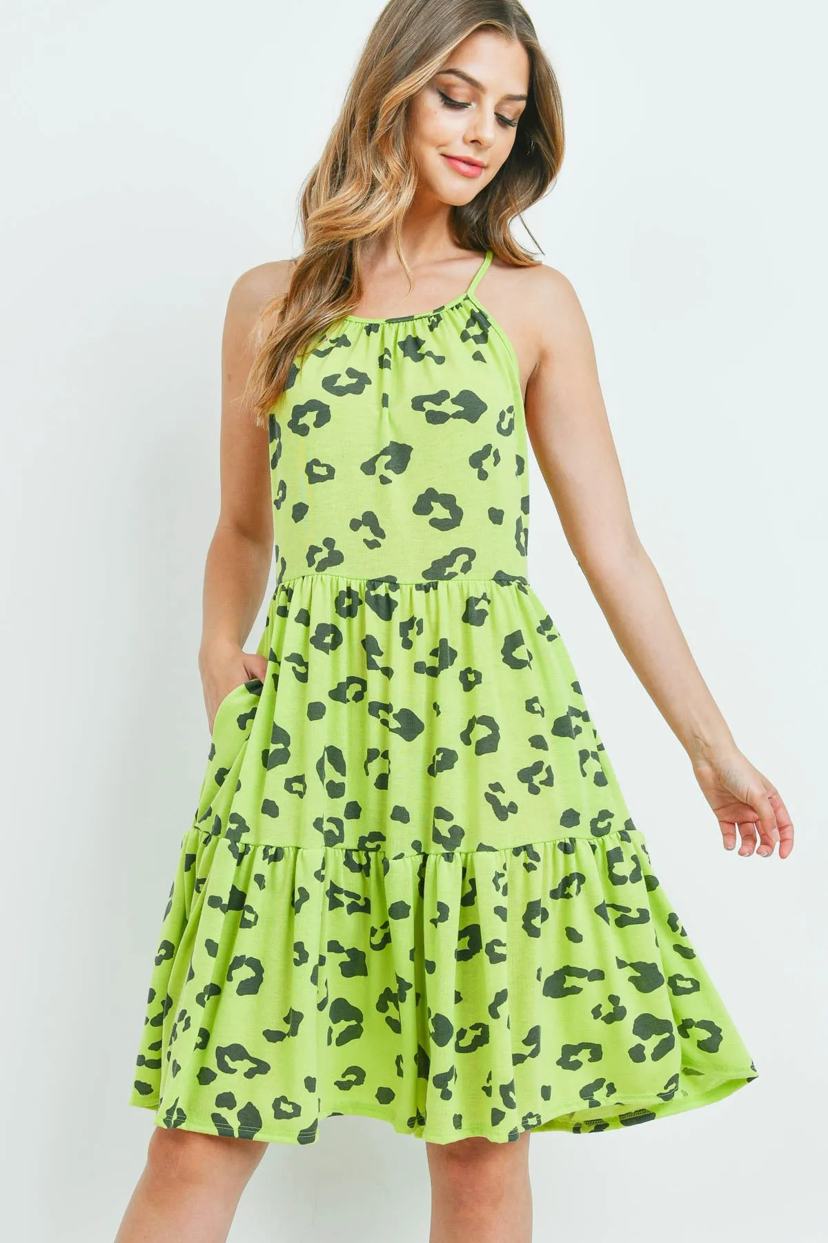 Leopard Print Spaghetti Strap Pocket Dress