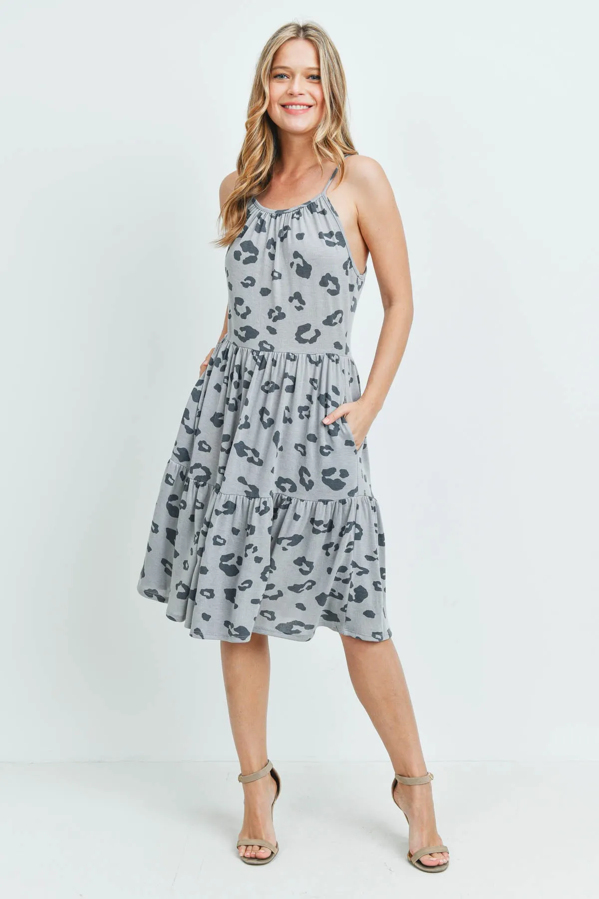 Leopard Print Spaghetti Strap Pocket Dress