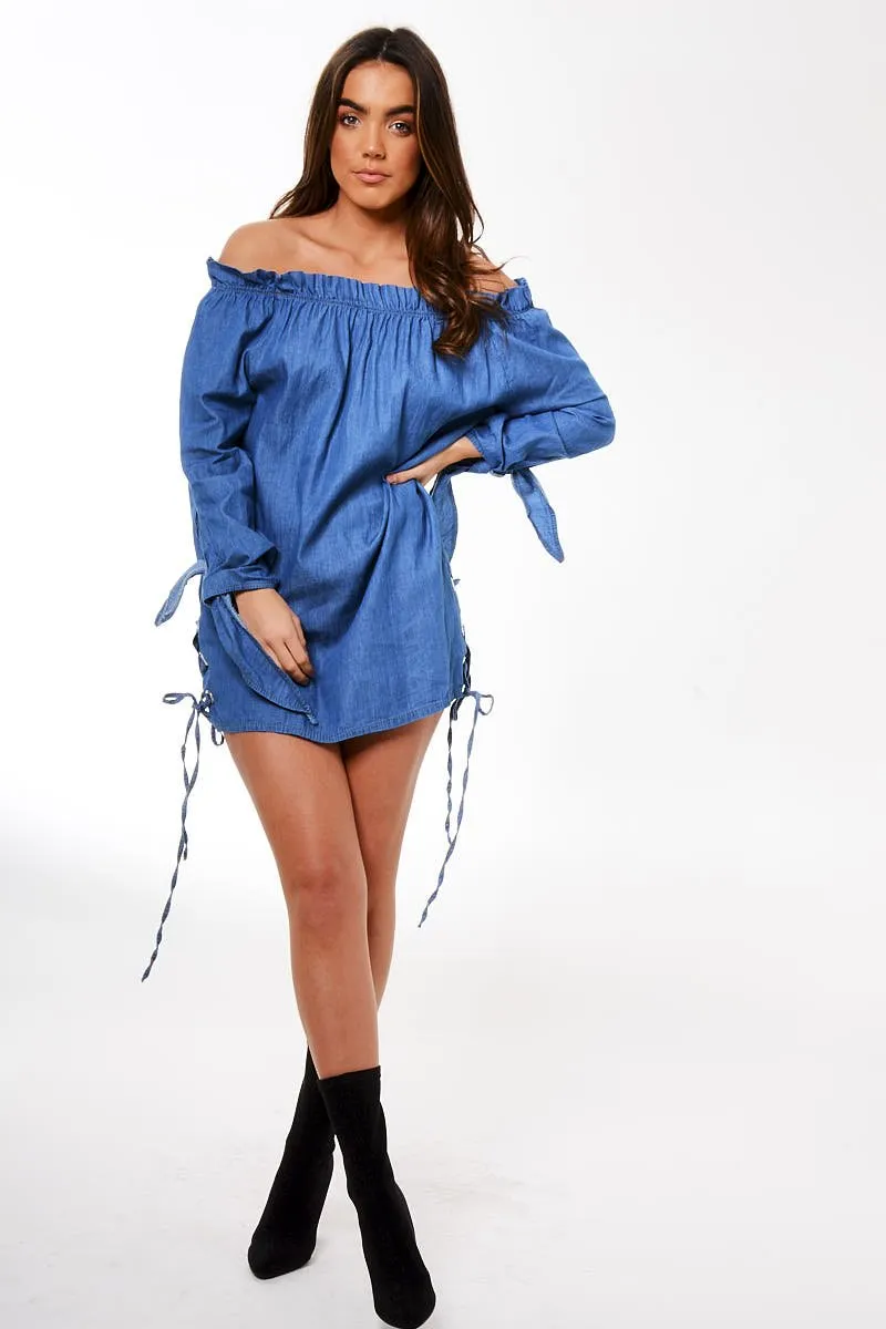 Light Blue Denim Bardot Mini Dress - Elisha