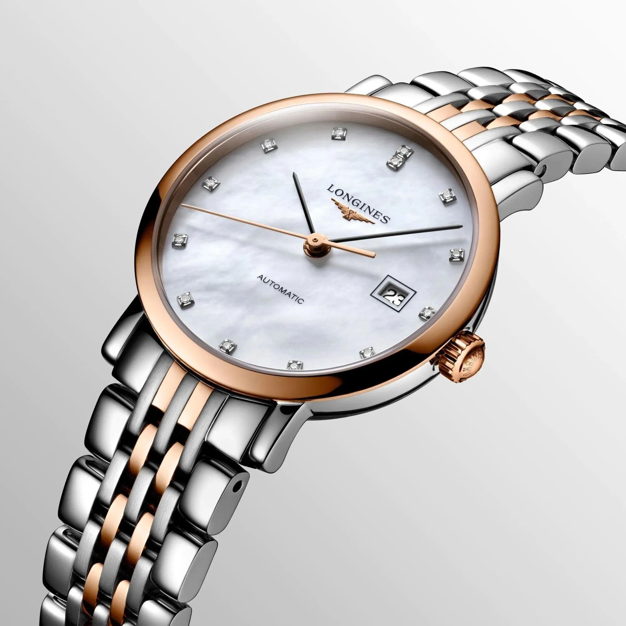 LONGINES ELEGANT COLLECTION 29MM ELEGANT WATCH MOTHERPERLANS BRILLANTS Automatic Steel Finishes Rosa Rosa L4.310.5.87.7