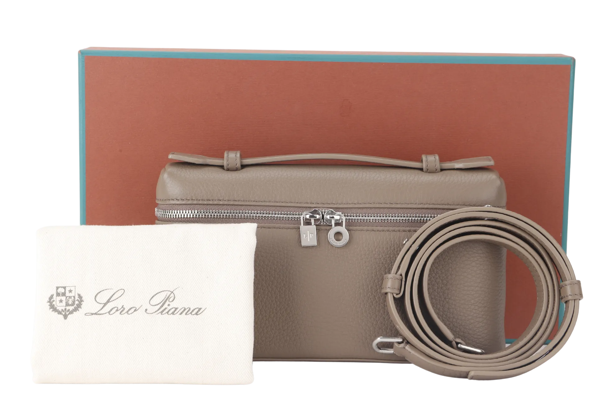 LORO PIANA EXTRA POCKET L19 ETOUPE COLOR GRAINED CALFSKIN WITH STRAP SILVER HARDWARE WITH DUST COVER AND BOX