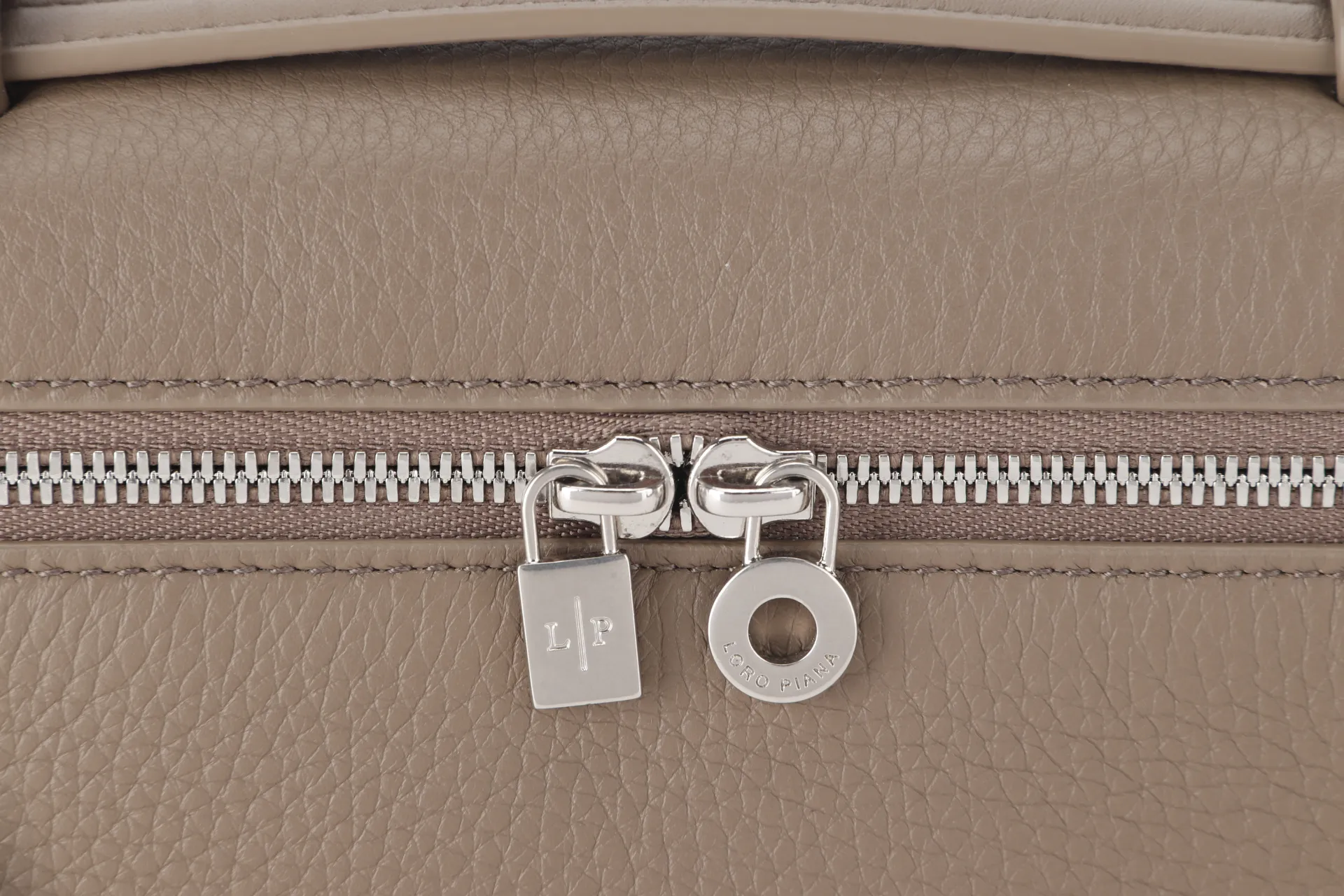 LORO PIANA EXTRA POCKET L19 ETOUPE COLOR GRAINED CALFSKIN WITH STRAP SILVER HARDWARE WITH DUST COVER AND BOX