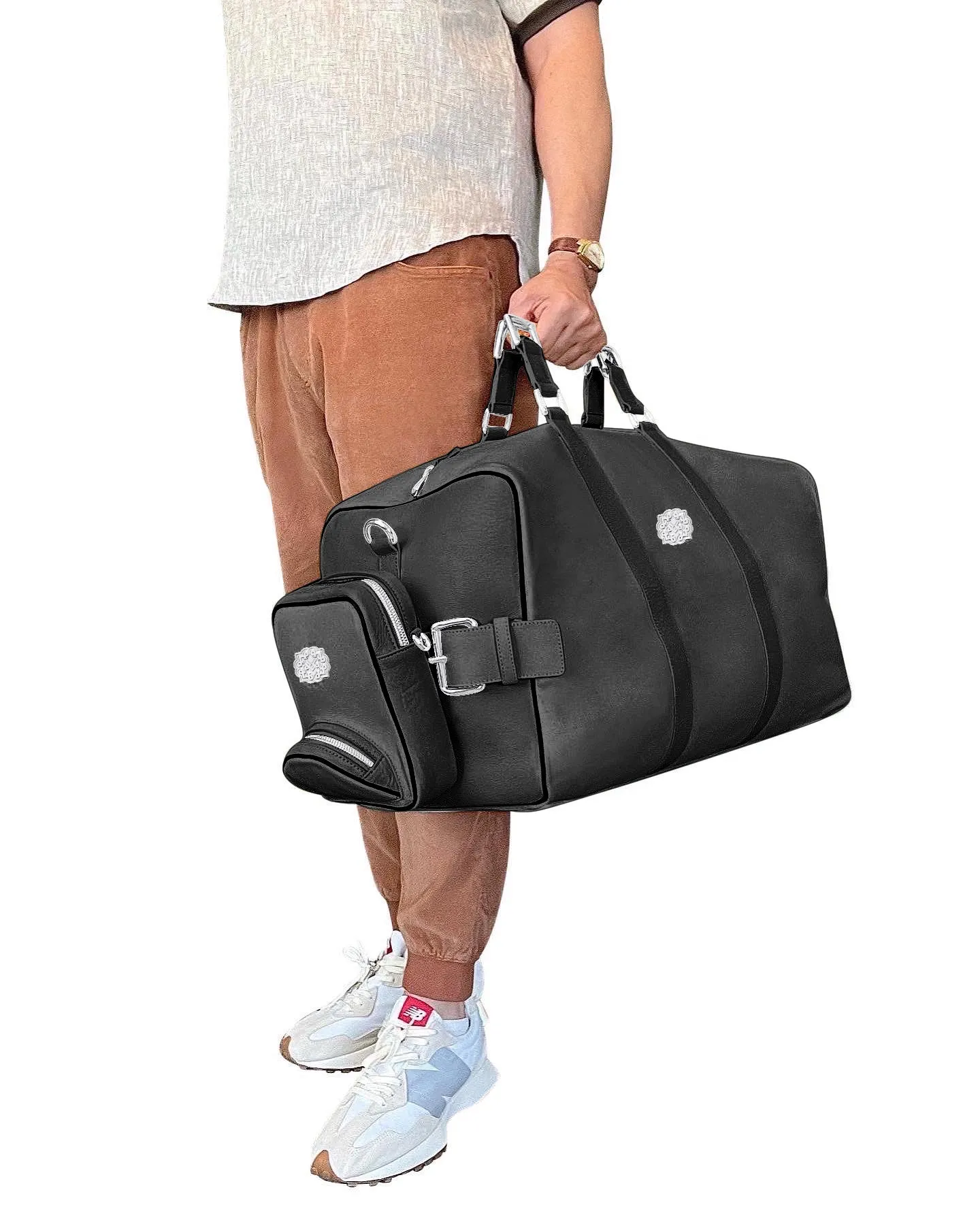 Lotta Pieces | Leather Duffle Travel Bag With Metal Handles & Detachable Crossbody Bag