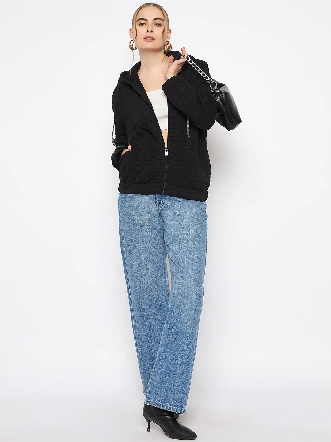 Madame Knitted Self-Textured Zipped Black Hooded Sweatshirt