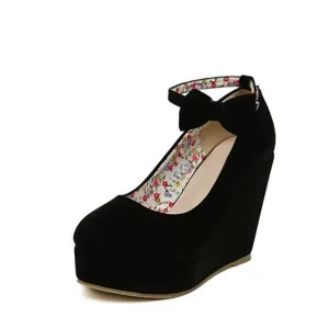 MCCKLE Women High Heels Plus Size Bowtie Platform Wedges Shoes Ladies Female Pumps Elegant Flock Buckle Strap Party Wedding Shoe