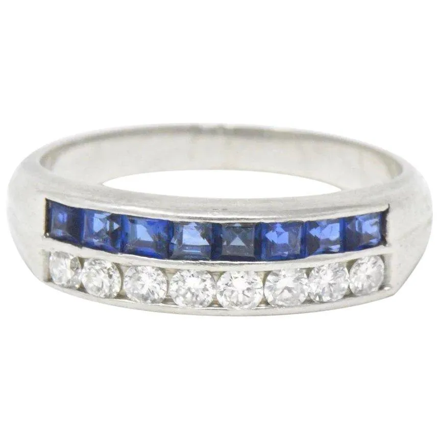 McTeigue & Co. Platinum Diamond & Blue Sapphire Ring Vintage Wedding Band