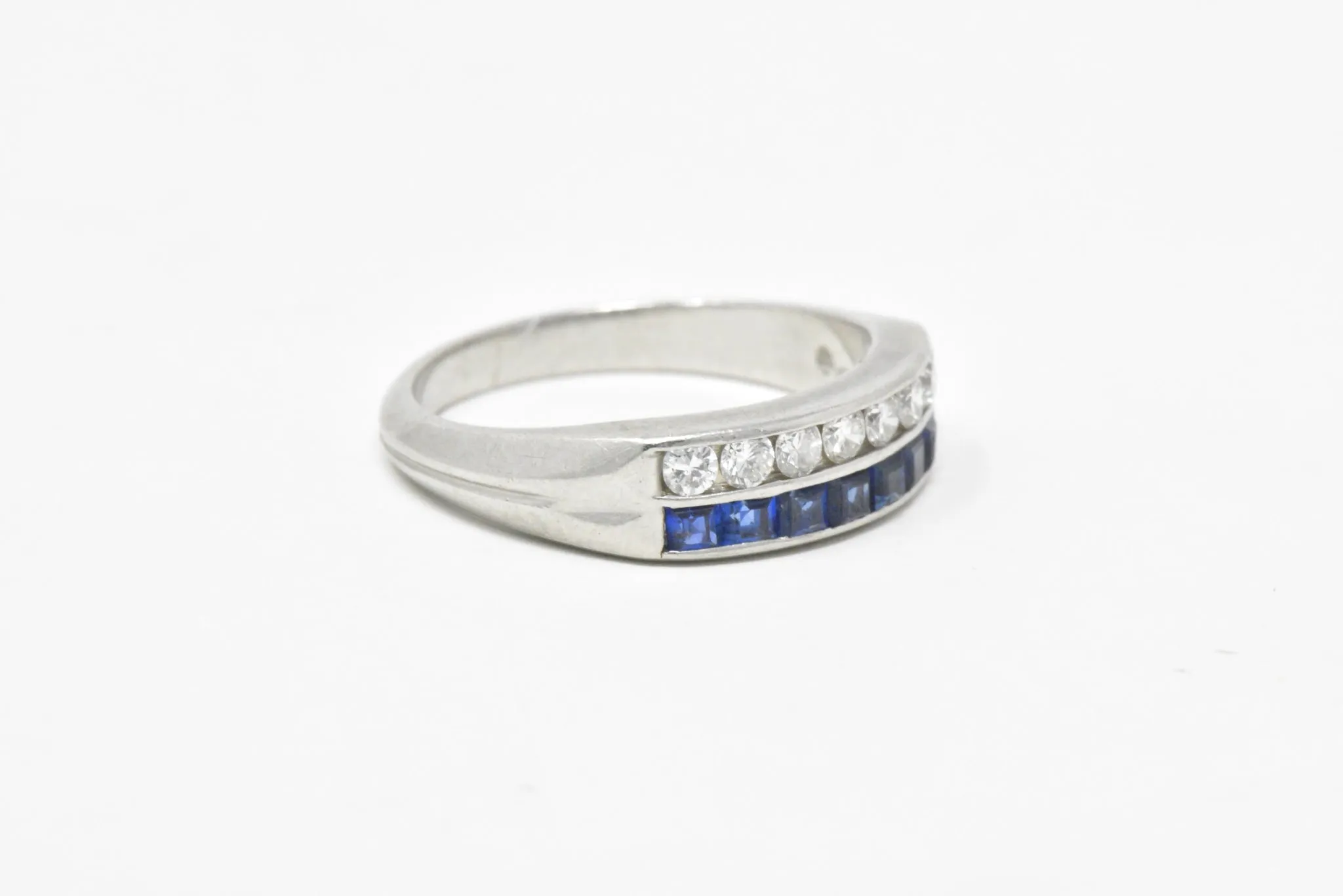 McTeigue & Co. Platinum Diamond & Blue Sapphire Ring Vintage Wedding Band