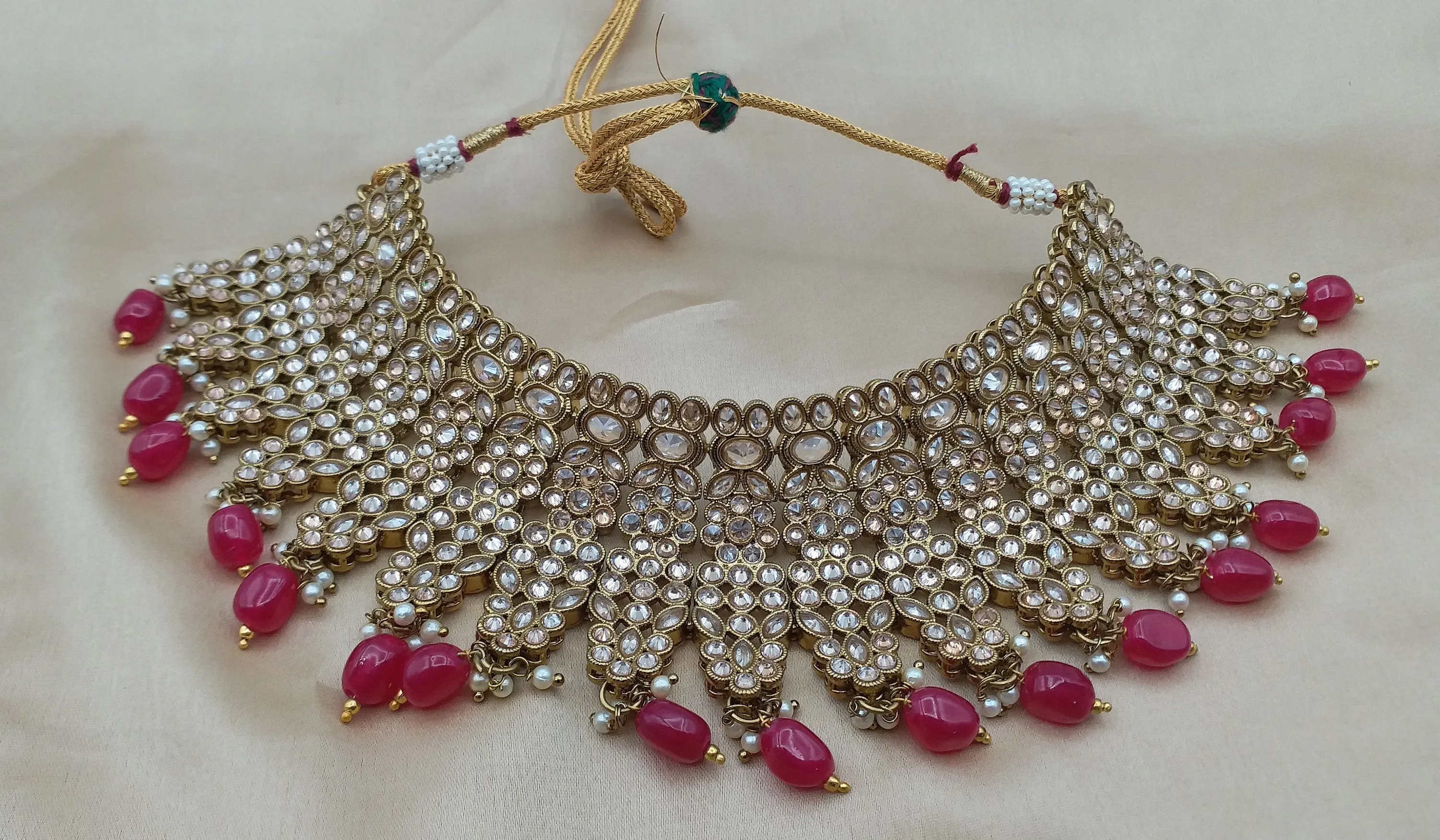 Mehndi Gold Bridal Jewellery Choker set with Red Beads