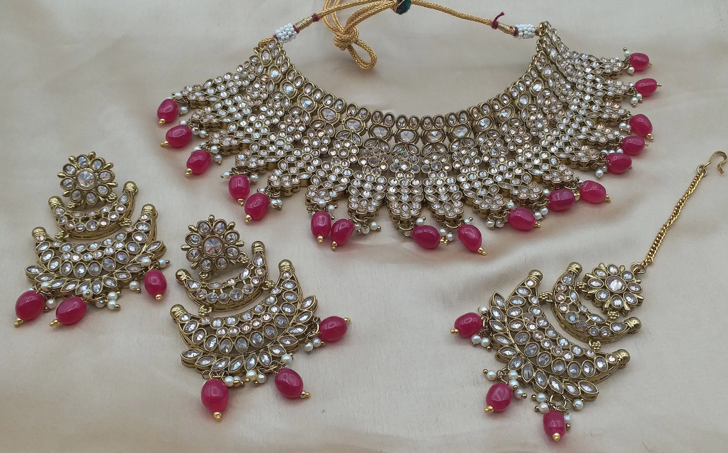 Mehndi Gold Bridal Jewellery Choker set with Red Beads