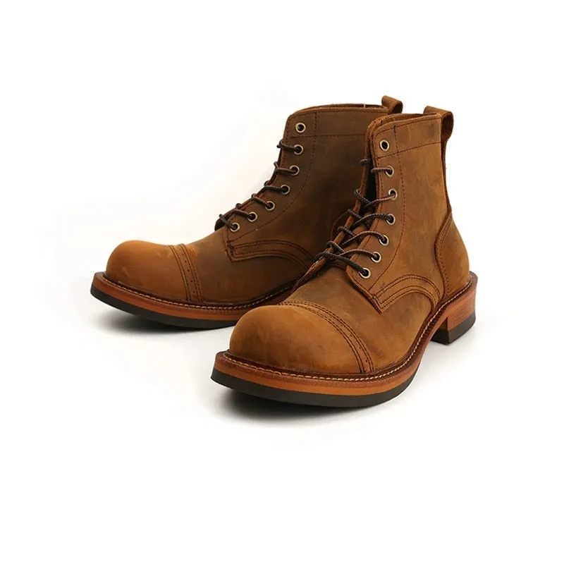 Men Cow Leather Round Toe Wedge Ankle Boots