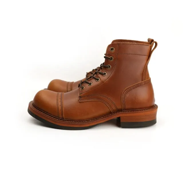 Men Cow Leather Round Toe Wedge Ankle Boots