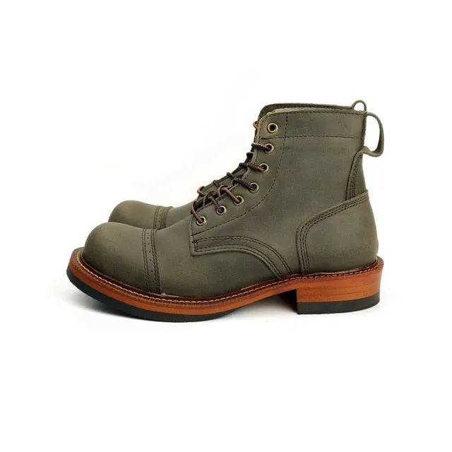 Men Cow Leather Round Toe Wedge Ankle Boots