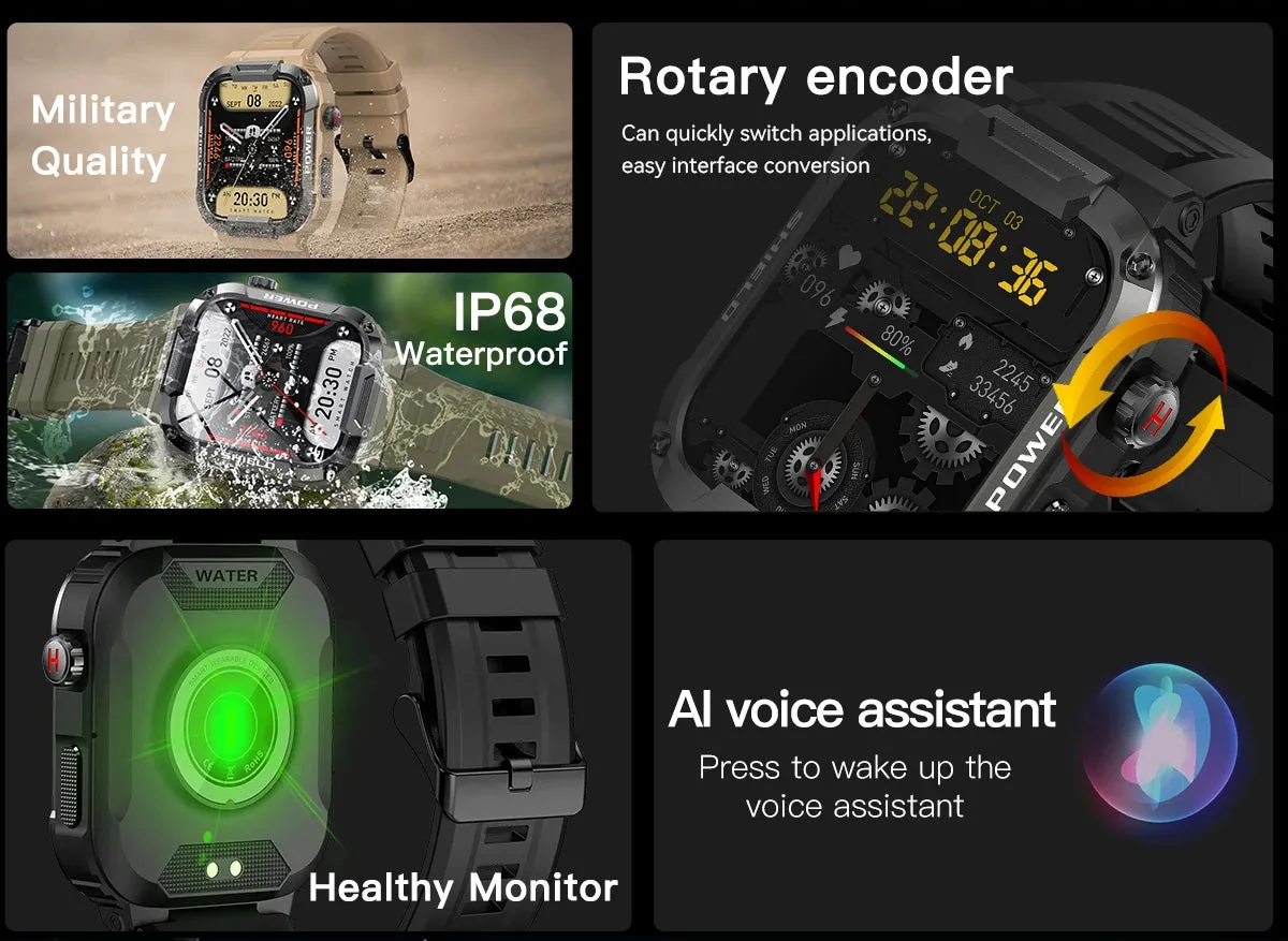 Men's Smart Watch Military Grade Health Monitor AI Voice Bluetooth Call Fitness Waterproof Sports Smartwatch for IOS & Android Phones Great Gift