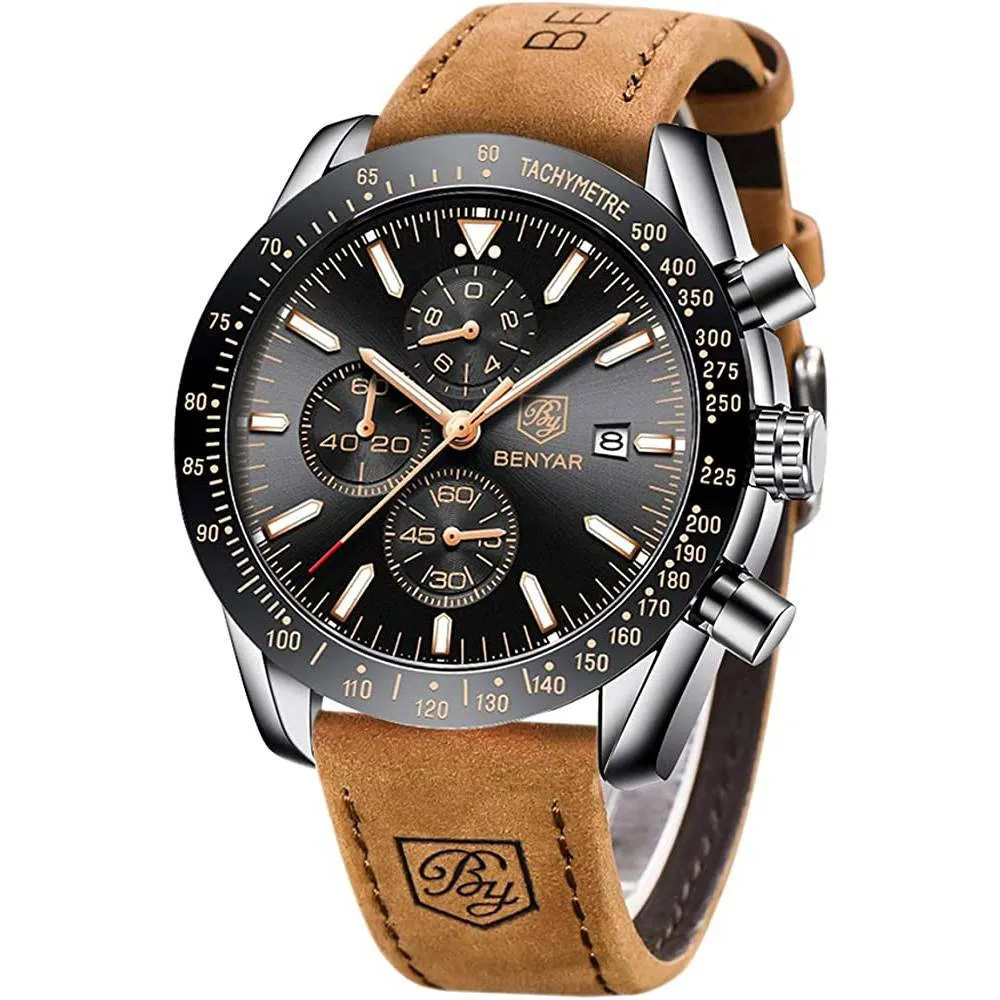 Mens Watches BY BENYAR Chronograph Analog Quartz Movement Stylish Sports Designer Wrist Watch 30M Waterproof Elegant Gift Watch for Men | Multiple Colors
