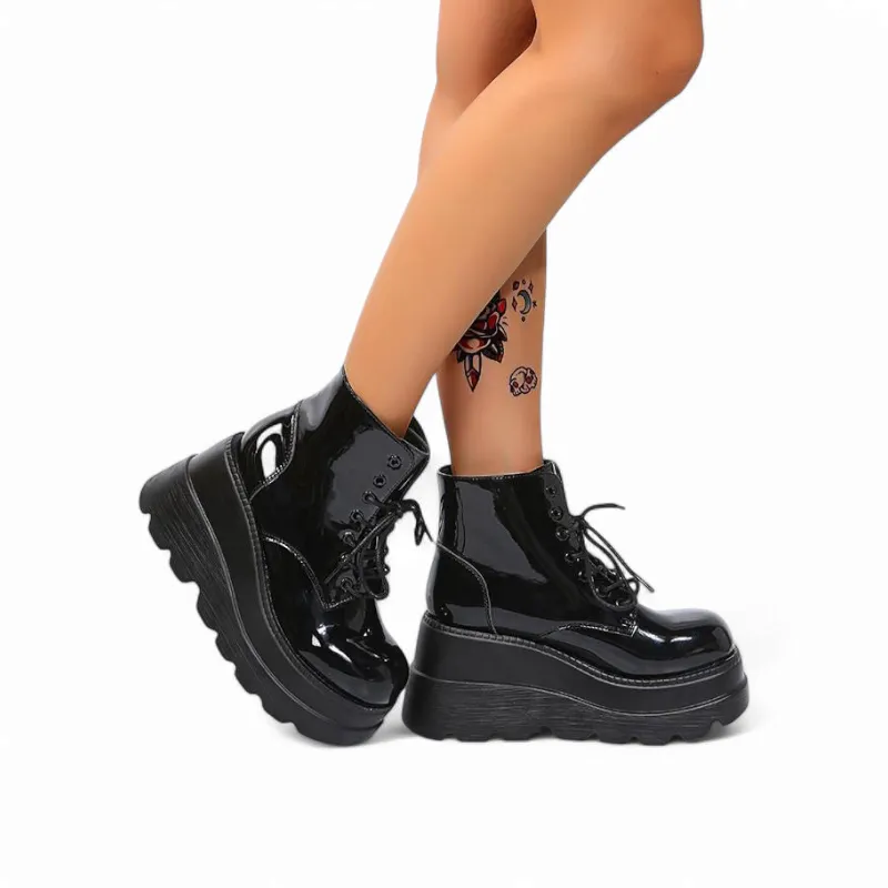 Merendy Alsawy Wedge Heel Platform sole canvas black Boots