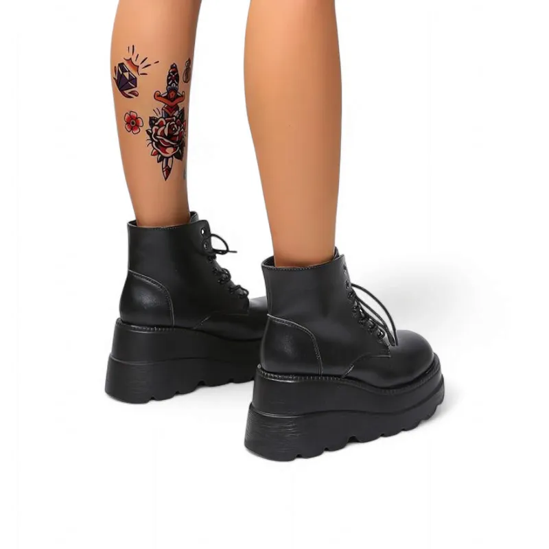 Merendy Alsawy Wedge Heel Platform sole canvas black Boots