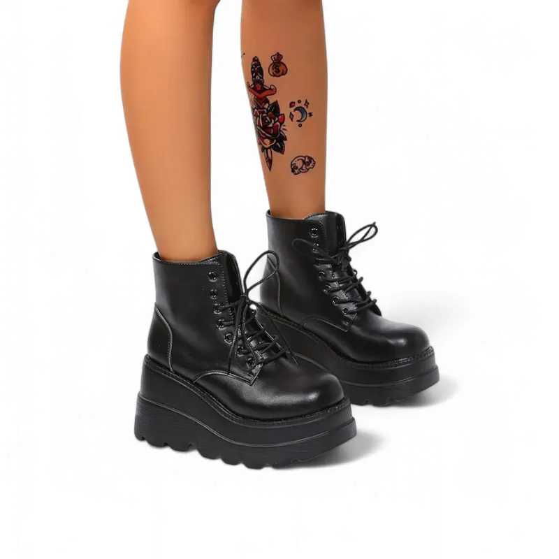 Merendy Alsawy Wedge Heel Platform sole canvas black Boots