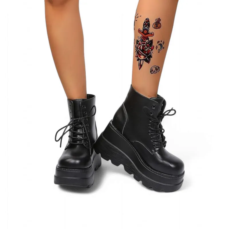 Merendy Alsawy Wedge Heel Platform sole canvas black Boots