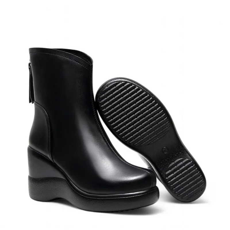 Merendy Wedge heel Square toe Platform waterproof Leather zip-up boots