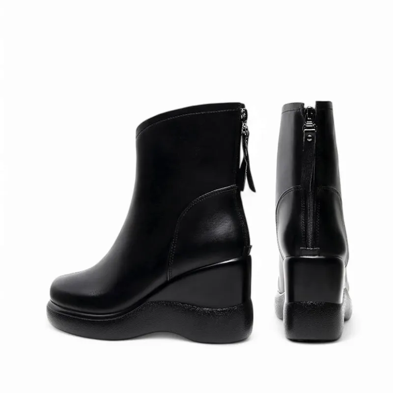 Merendy Wedge heel Square toe Platform waterproof Leather zip-up boots