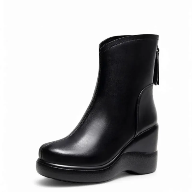 Merendy Wedge heel Square toe Platform waterproof Leather zip-up boots