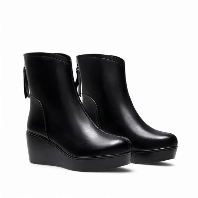 Merendy Wedge heel Square toe Platform waterproof Leather zip-up boots