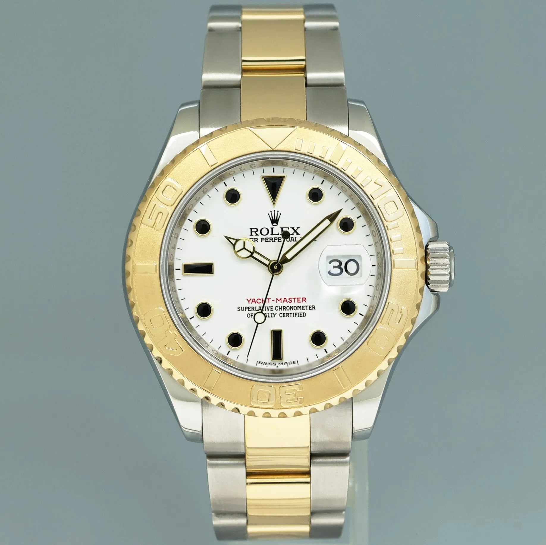 MINT 2009 Rolex 16623 Two Tone Yellow Gold Steel Yachtmaster White Sapphire Watch
