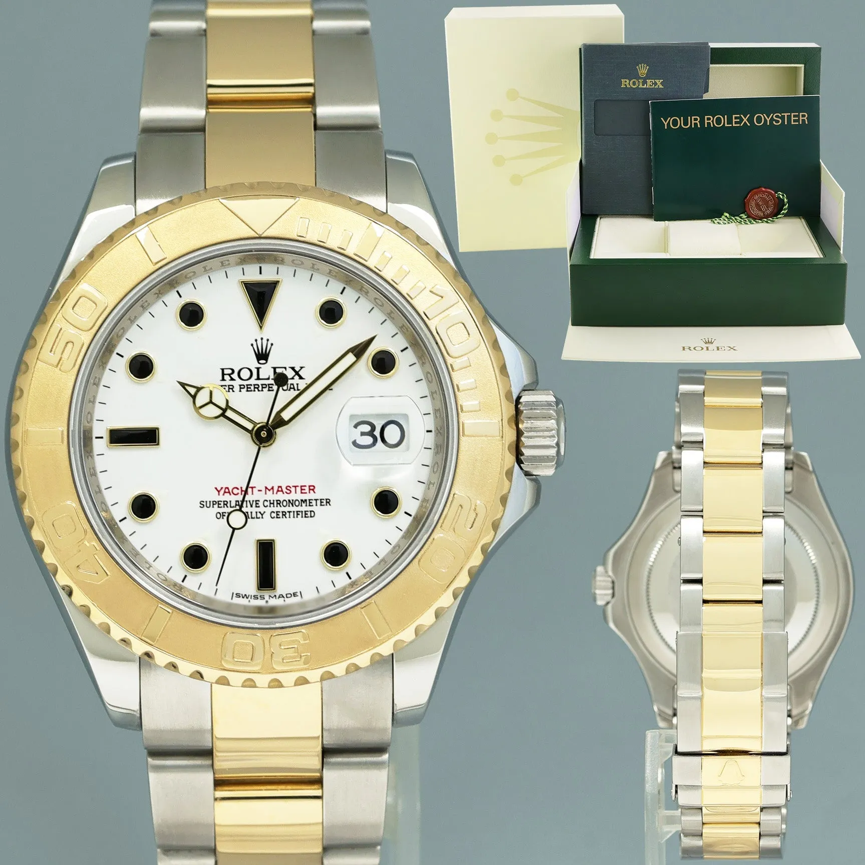 MINT 2009 Rolex 16623 Two Tone Yellow Gold Steel Yachtmaster White Sapphire Watch