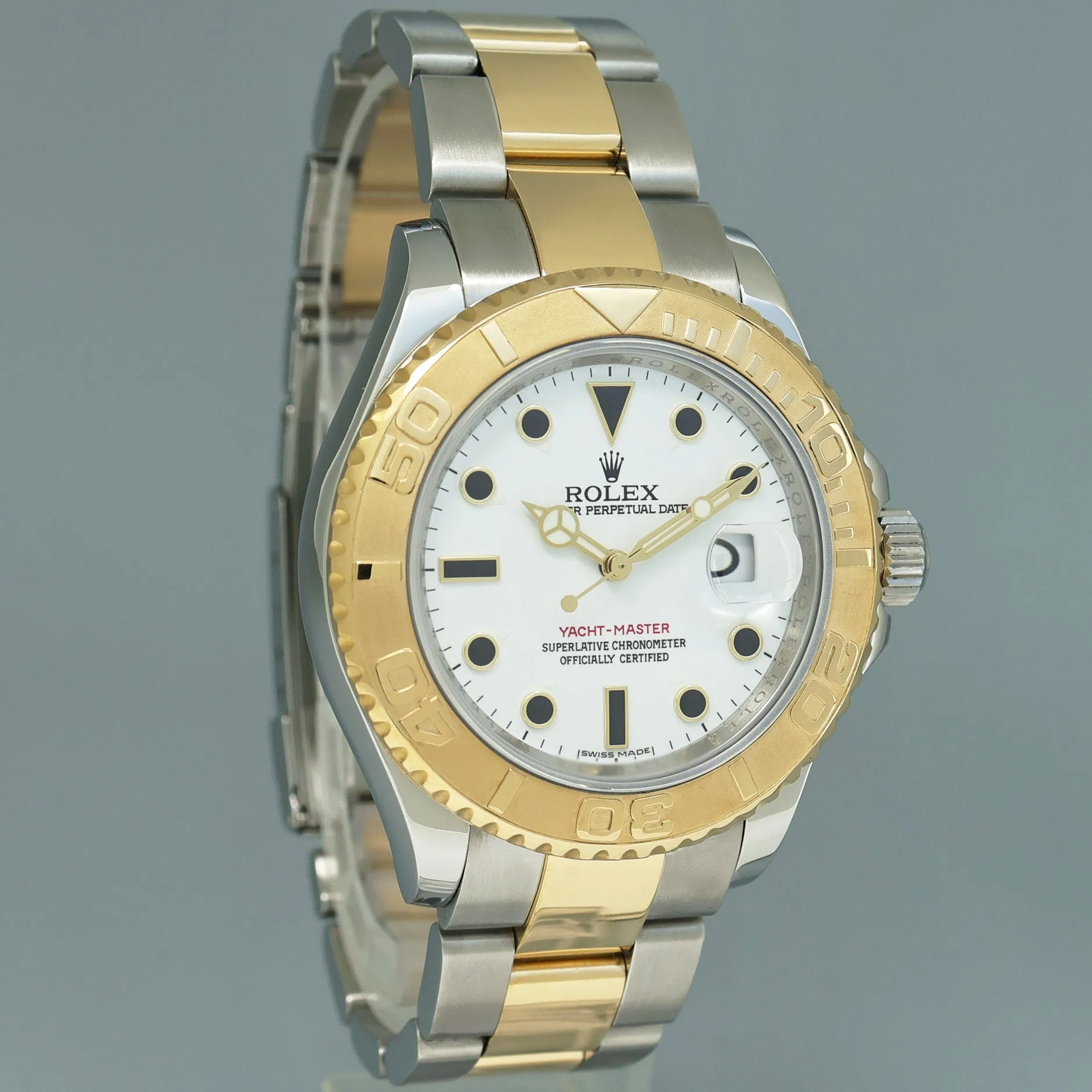 MINT 2009 Rolex 16623 Two Tone Yellow Gold Steel Yachtmaster White Sapphire Watch