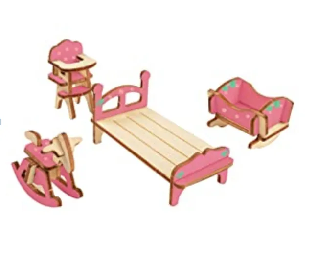 Montessori 34 Piece Dollhouse Furniture Set | Self Assembly Fun | Natural