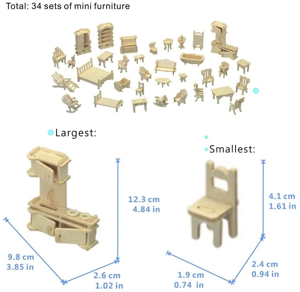 Montessori 34 Piece Dollhouse Furniture Set | Self Assembly Fun | Natural