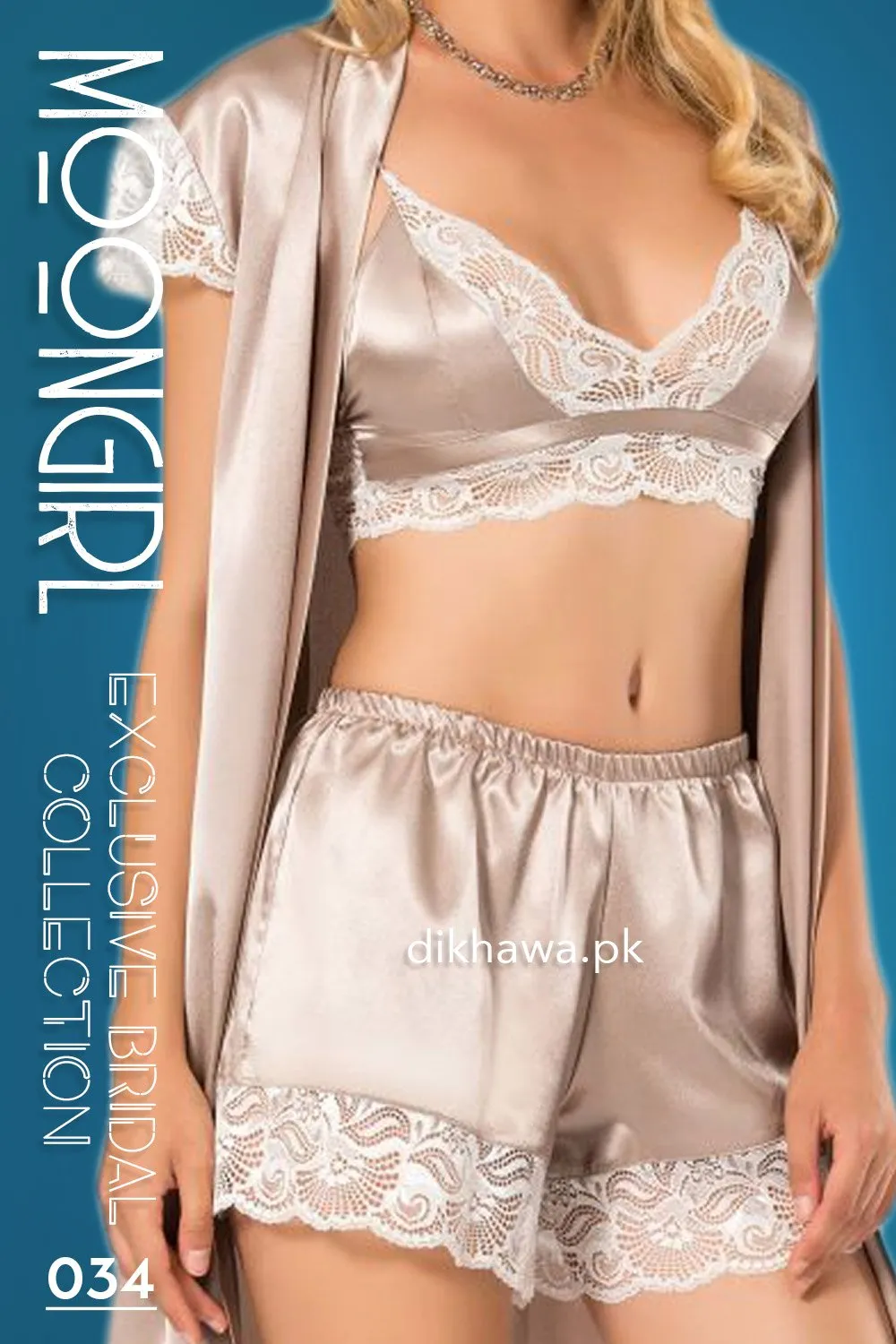 Moongirl - Exclusive Bridal 3Pc Short Nighty Cami Set & Wedding Honeymoon Nighty Set 034 - Turkish Brand
