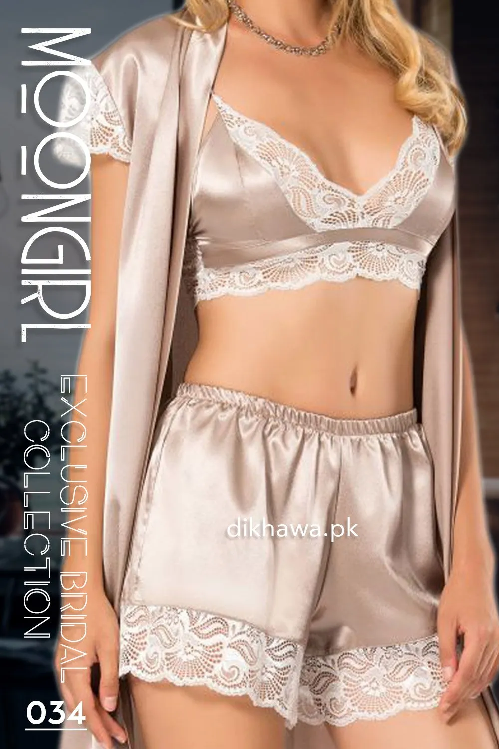 Moongirl - Exclusive Bridal 3Pc Short Nighty Cami Set & Wedding Honeymoon Nighty Set 034 - Turkish Brand
