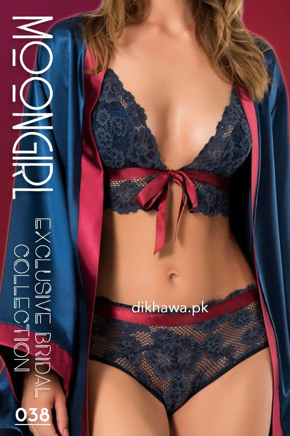 Moongirl - Exclusive Bridal 3Pc Short Nighty with Bra Panty Set & Wedding Nighty Set 038 - Turkish Brand
