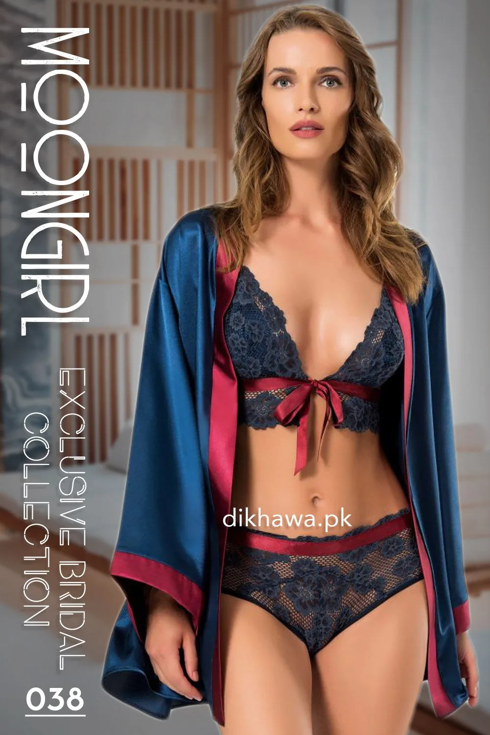Moongirl - Exclusive Bridal 3Pc Short Nighty with Bra Panty Set & Wedding Nighty Set 038 - Turkish Brand
