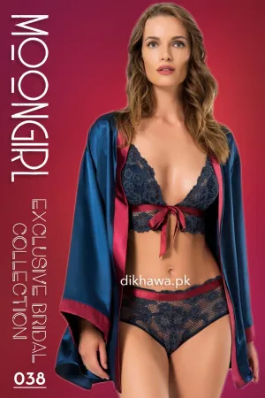 Moongirl - Exclusive Bridal 3Pc Short Nighty with Bra Panty Set & Wedding Nighty Set 038 - Turkish Brand