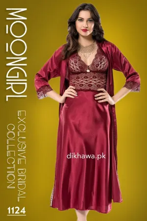Moongirl - Exclusive Bridal Wedding Nightwear 2Pc Long Nighty Set with Robe 1124 - Turkish Brand