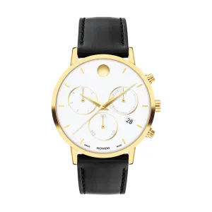 Movado Museum Classic Mens Gold Tone Black Leather Strap Chronograph Watch